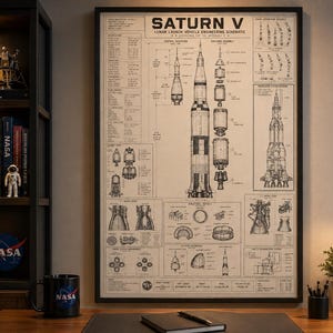 Saturn V Rocket Blueprint Poster | NASA Apollo Engineering Schematic | Space Wall Art | Astronaut Gift