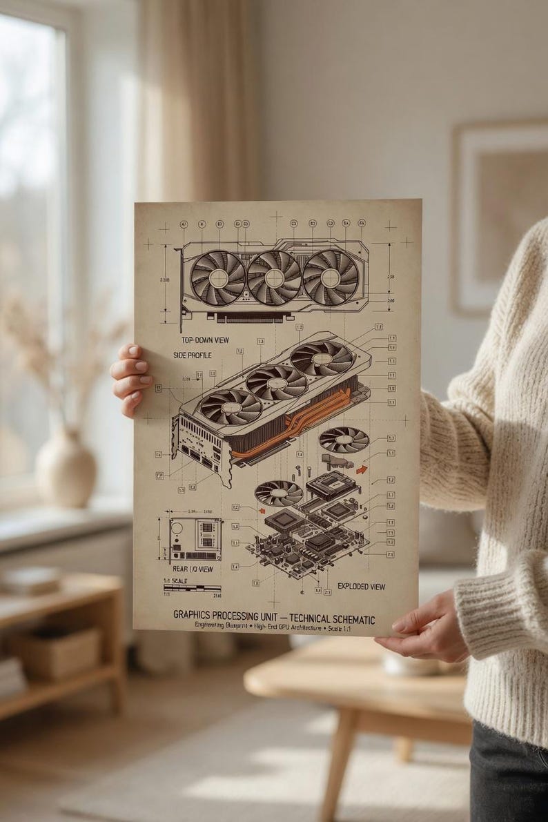 GPU Schematic Blueprint Poster | Graphics Card Technical Wall Art ...