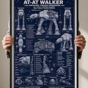 May include: A framed technical blueprint poster titled AT-AT WALKER DOMINANCE THROUGH ENGINEERING. The dark blue print features white line drawings, cross-sections, and mechanical specifications of the fictional walker, including front, side, and top views.