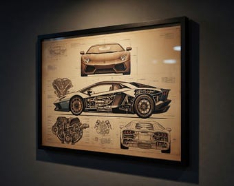 Lamborghini Aventador Poster | Schematic Car Wall Art | Automotive Engineering Decor