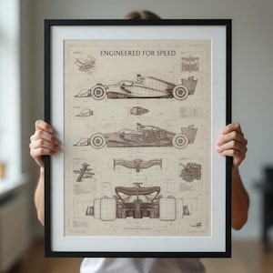 May include: Framed blueprint-style print of a Formula 1 race car, featuring detailed technical drawings from multiple angles. The print is in sepia tones with the text "ENGINEERED FOR SPEED" at the top. The frame is black.