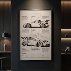 Könnte beinhalten: Gerahmtes Diagramm eines weißen Sportwagens, das seine Spezifikationen und Merkmale detailliert. Das Diagramm enthält Illustrationen des aerodynamischen Systems, des Heckflügels und des Fahrgestells des Autos. Die Maße sind in metrischen Einheiten angegeben.