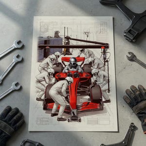May include: An illustration of a red Formula 1 race car surrounded by mechanics in white suits and helmets. The car is the focal point, with detailed lines and shadows. Tools like wrenches and gloves are scattered around the image, suggesting a workshop setting.