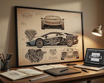 Póster del Lamborghini Aventador / Arte mural de coches con esquemas / Decoración de ingeniería automotriz