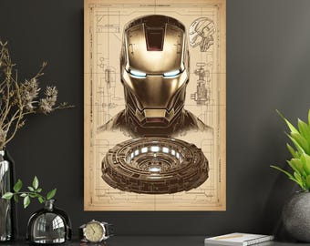 Ironman Helmet Blueprint | Arc Reactor Schematic Poster | Tony Stark Wall Print