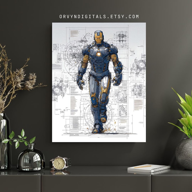 May include: A framed print depicting Iron Man in a walking stance, rendered in a detailed illustration. The artwork presents a blue and gold armored figure set against a background of technical blueprints. The text "ORVYNDIGITALS.ETSY.COM" is visible at the top.