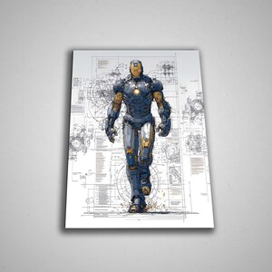 Puede incluir: Una impresi&oacute;n que presenta una ilustraci&oacute;n detallada de Iron Man caminando. La obra de arte muestra al personaje con su ic&oacute;nica armadura, representada en tonos de azul, dorado y plateado, sobre un fondo de planos t&eacute;cnicos. El estilo general es una mezcla de arte de c&oacute;mic y dibujo t&eacute;cnico.