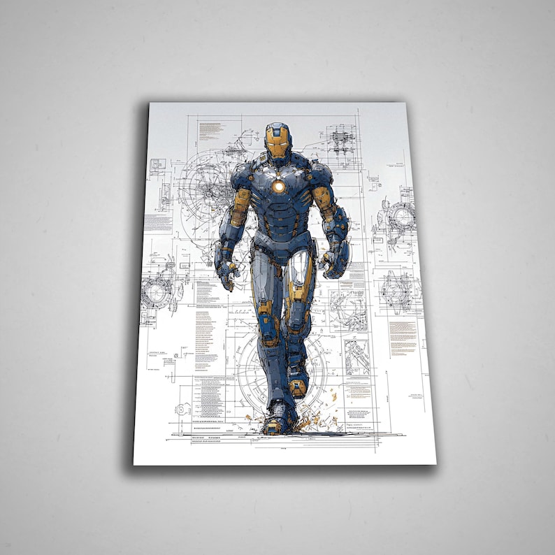 Puede incluir: Una impresi&oacute;n que presenta una ilustraci&oacute;n detallada de Iron Man caminando. La obra de arte muestra al personaje con su ic&oacute;nica armadura, representada en tonos de azul, dorado y plateado, sobre un fondo de planos t&eacute;cnicos. El estilo general es una mezcla de arte de c&oacute;mic y dibujo t&eacute;cnico.