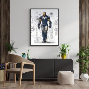 Puede incluir: Impresi&oacute;n enmarcada de Iron Man en pose de caminar, renderizada en estilo de plano. La obra presenta una ilustraci&oacute;n detallada del superh&eacute;roe en su ic&oacute;nica armadura, con una paleta de colores azul, dorado y gris.