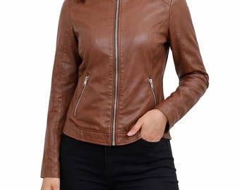 Blouson motard en cuir marron pour femme, manteau moto matelassé en cuir d'agneau véritable, coupe slim, style vintage