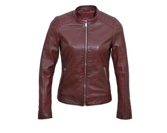 Giacca da motociclista in pelle di agnello color marrone, fatta a mano da donna – Cappotto stile biker slim fit – Vera pelle