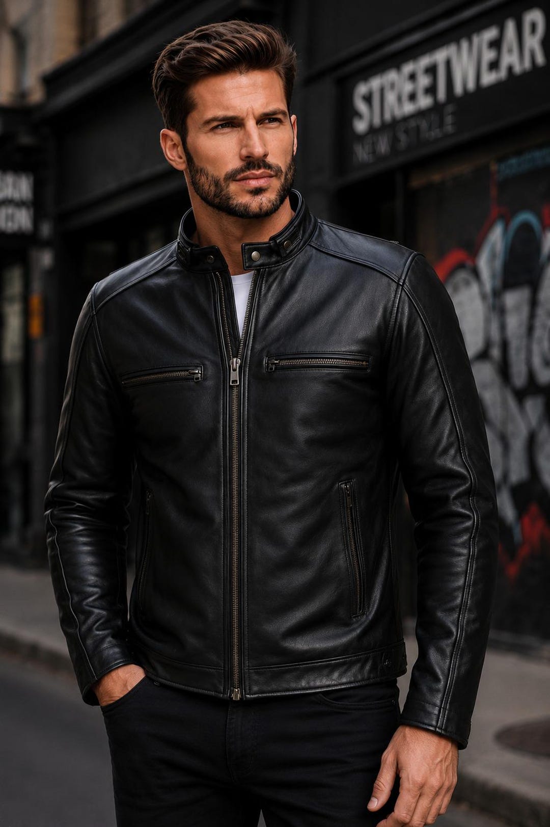 Mens Black Leather Cafe Racer Jacket Genuine Lambskin Biker Coat