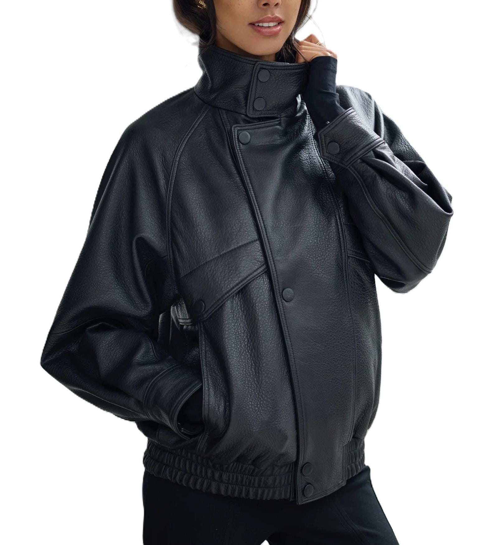 High Neck Leather Jacket - Etsy