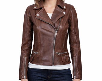 Women Brown Leather Jacket Genuine Lambskin Biker Jacket Slim Fit Moto Coat Winter Outfit