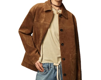 Women Brown Suede Jacket Oversized Vintage Coat Real Leather Minimalist Streetwear Chic Style