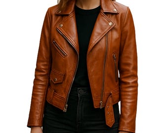 Bruin lamsleren bikerjack dames | Handgemaakte motorjas| Klassiek cognac motorjack