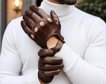 Luvas de Condução Masculinas em Couro Marrom Genuíno de Cordeiro, Luvas Vintage para Carro e Motocicleta, Presente Ideal para Ele