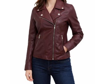 Vintage Maroon Leather Biker Jacket Women Lambskin Motorcycle Moto Handmade Classic Slim Fit Coat
