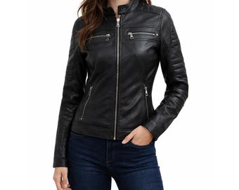 Handmade Lambskin Leather Biker Jacket | Women's Slim Fit Moto Outerwear