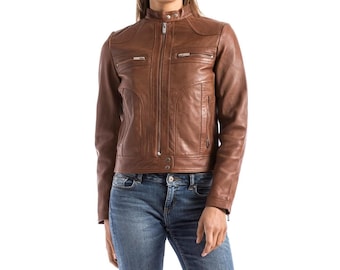 Women’s Brown Genuine Leather Jacket Real Lambskin Moto Biker Slim Fit Handmade Coat