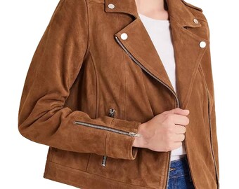Handmade Brown Suede Leather Biker Jacket Women | Vintage Moto Short Coat | Classic Streetwear Fashion