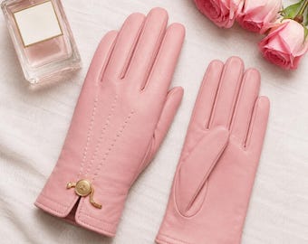 Gants de conduite en cuir rose pour femmes, gants d'hiver en cuir d'agneau véritable, robe vintage, cadeau doux et élégant
