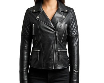 Chaqueta de moto negra de cuero genuino para mujer, corte ajustado, piel de cordero, abrigo acolchado de hombros, elegante