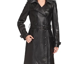 Luxury Women’s Black Genuine Leather Trench Coat | Long Belted Double Breasted Overcoat