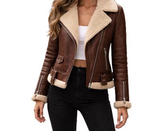 Chaqueta de piel de oveja marrón para mujer, abrigo de aviador estilo motero, abrigo cálido de invierno, ideal como regalo.