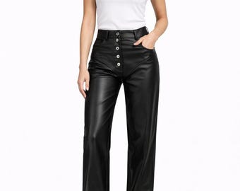 Women Black Leather Pants High Waist Slim Fit Genuine Lambskin Trousers Biker Chic Style