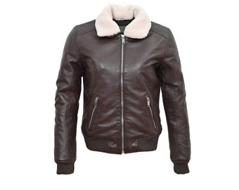 Chaqueta bomber de piel marrón para mujer, cuello de borrego de piel de cordero auténtica, abrigo de invierno estilo aviador.