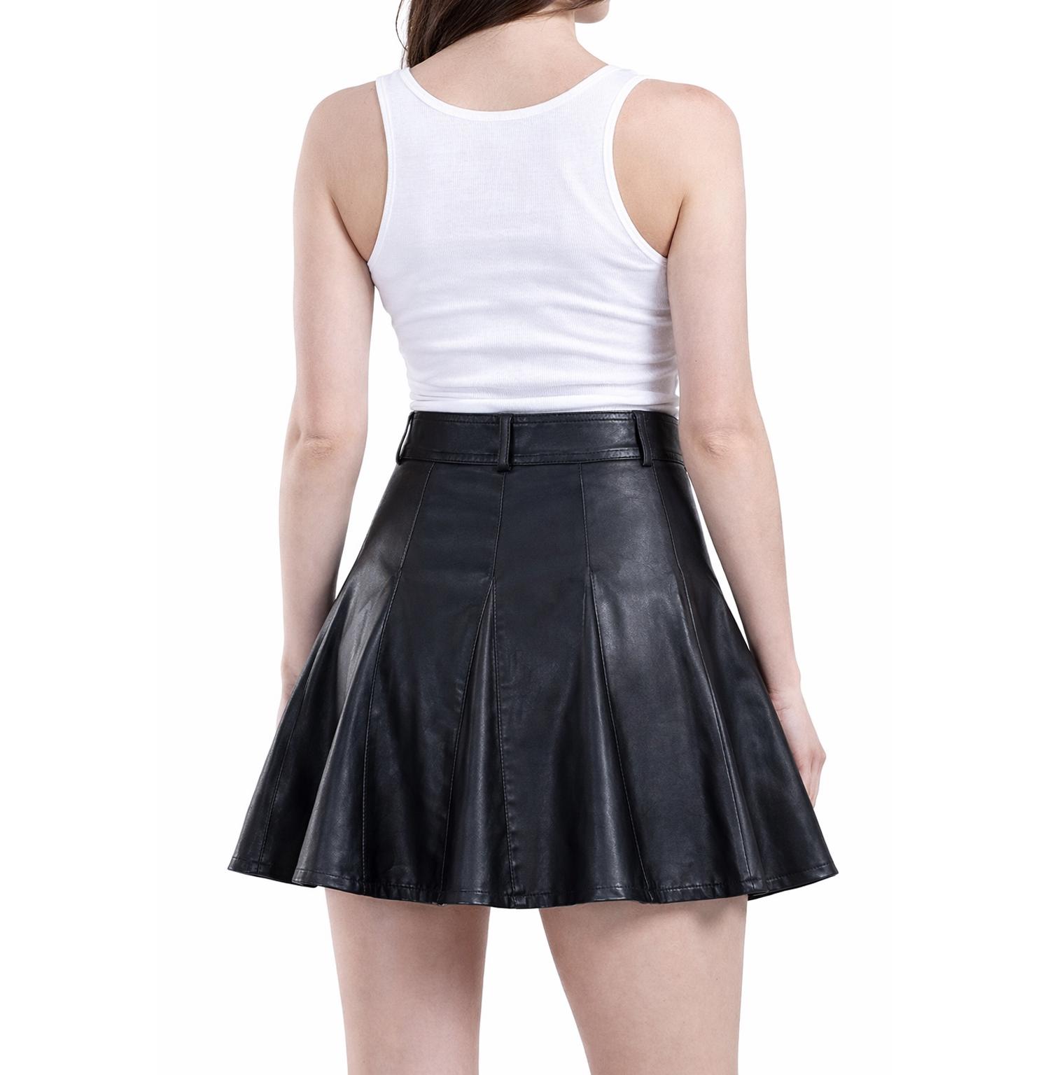 Women's Black Genuine Leather Skater Skirt | High Waist A-line