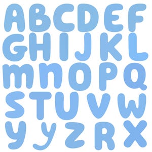 May include: A set of light blue alphabet letters arranged in rows. The letters are displayed in a rounded, bold, sans-serif font style. The sequence includes the letters A through Z, with some letters repeated or rearranged at the end of the set.
