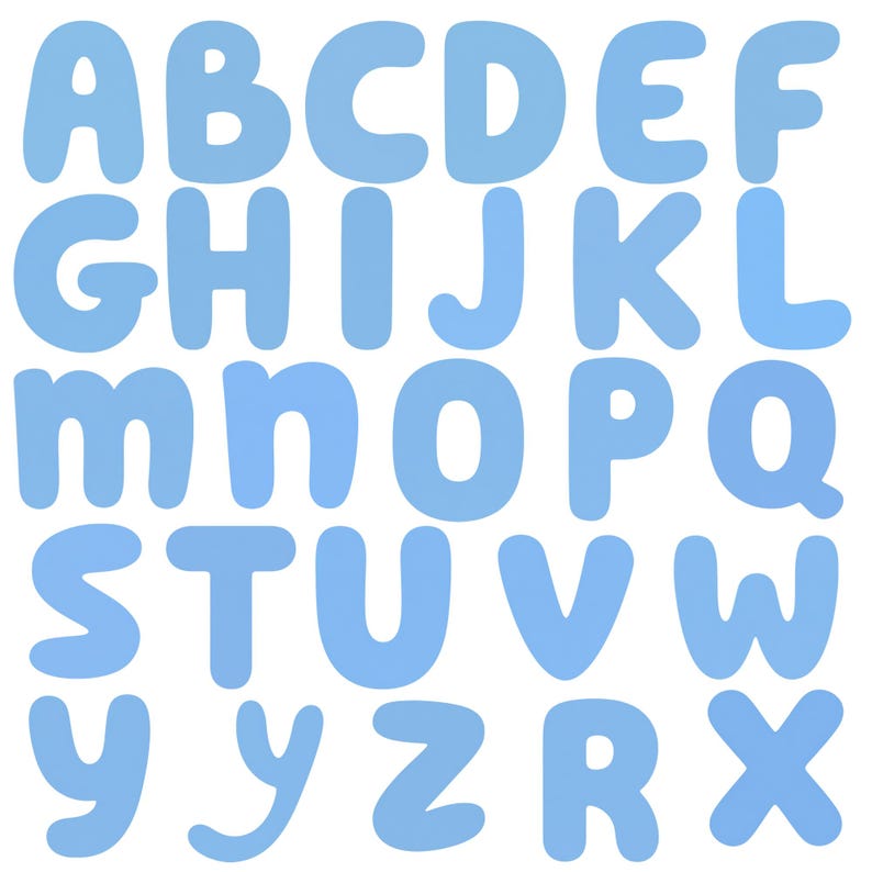 May include: A set of light blue alphabet letters arranged in rows. The letters are displayed in a rounded, bold, sans-serif font style. The sequence includes the letters A through Z, with some letters repeated or rearranged at the end of the set.