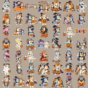 May include: A collection of Bluey-themed Halloween stickers featuring various characters in costumes like ghosts, skeletons, vampires, and witches. The designs include pumpkins, candy buckets, and the text Happy Halloween and Bluey in colorful fonts.
