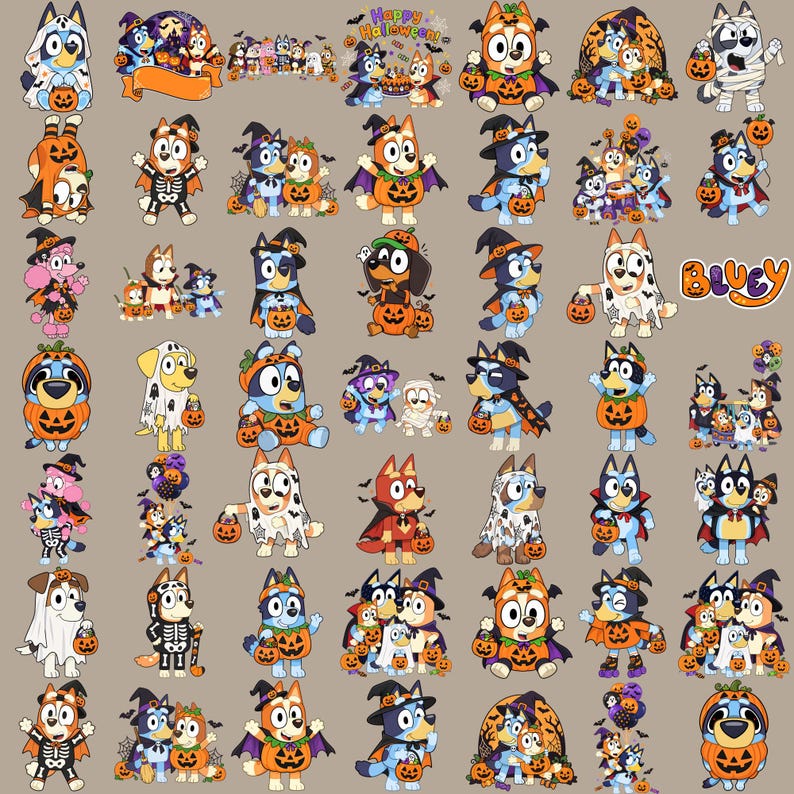 May include: A collection of Bluey-themed Halloween stickers featuring various characters in costumes like ghosts, skeletons, vampires, and witches. The designs include pumpkins, candy buckets, and the text Happy Halloween and Bluey in colorful fonts.