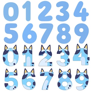 May include: A collection of numbers zero through nine displayed in two distinct styles. The top row features solid light blue rounded numbers. The bottom row displays the same numbers styled with blue dog ears, dark blue patches, and light blue spots.