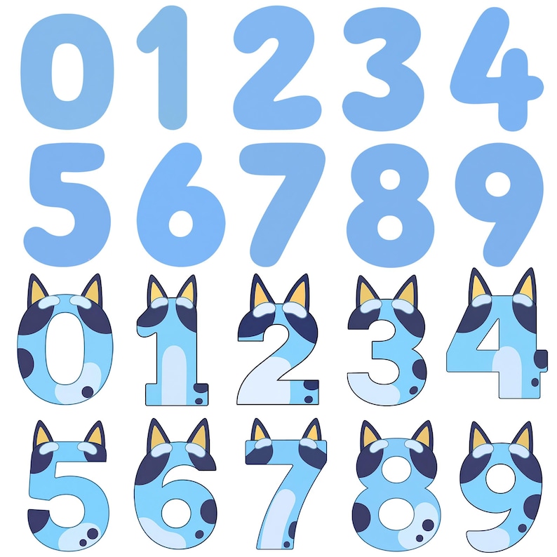 May include: A collection of numbers zero through nine displayed in two distinct styles. The top row features solid light blue rounded numbers. The bottom row displays the same numbers styled with blue dog ears, dark blue patches, and light blue spots.