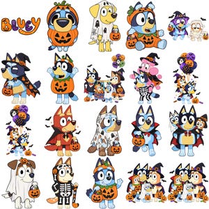 May include: A collection of Bluey character stickers featuring various Halloween themes. The characters are dressed in costumes including pumpkins, ghosts, skeletons, vampires, and witches, holding jack-o'-lantern candy buckets and balloons.