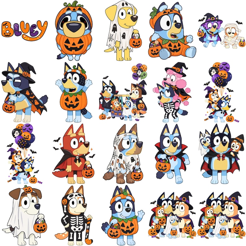 May include: A collection of Bluey character stickers featuring various Halloween themes. The characters are dressed in costumes including pumpkins, ghosts, skeletons, vampires, and witches, holding jack-o'-lantern candy buckets and balloons.