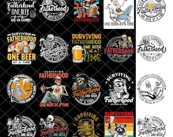 May include: A collection of black and white graphic designs with the text "Surviving Fatherhood, One Beer at a Time." The designs feature skeletons, beer mugs, and other related imagery. The designs are circular and suitable for apparel.