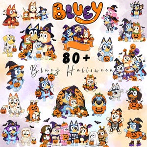 May include: A collection of digital illustrations featuring Bluey characters in various Halloween costumes, including ghosts, witches, skeletons, and pumpkins. The text Bluey and 80+ Bluey Halloween is displayed in orange and black lettering.