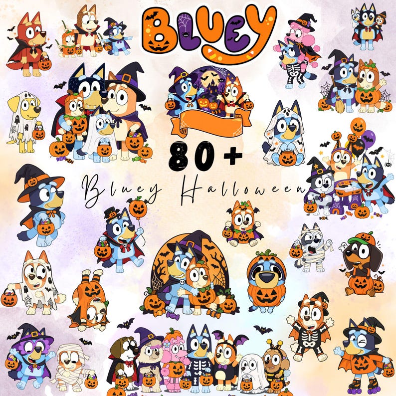 May include: A collection of digital illustrations featuring Bluey characters in various Halloween costumes, including ghosts, witches, skeletons, and pumpkins. The text Bluey and 80+ Bluey Halloween is displayed in orange and black lettering.