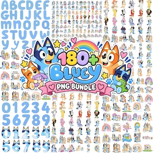 May include: A digital collection of over 180 Bluey PNG images featuring the characters Bluey and Bingo in various poses, alongside a complete alphabet and numbers zero through nine in a light blue font, all centered around a colorful logo.