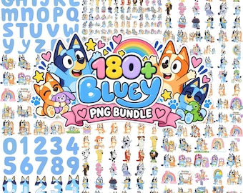 Paquete de más de 180 imágenes PNG de perros azules + fuente adicional, diseño de invitación divertida para fiestas infantiles con temática de perros, familia de perros de dibujos animados, paquete de imágenes prediseñadas de bingo de perros Bluey