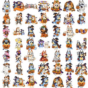 May include: A collection of Bluey character stickers featuring various Halloween themes, including characters dressed in costumes like ghosts, skeletons, vampires, and witches, holding jack-o'-lantern candy buckets, with the text Happy Halloween and Bluey.