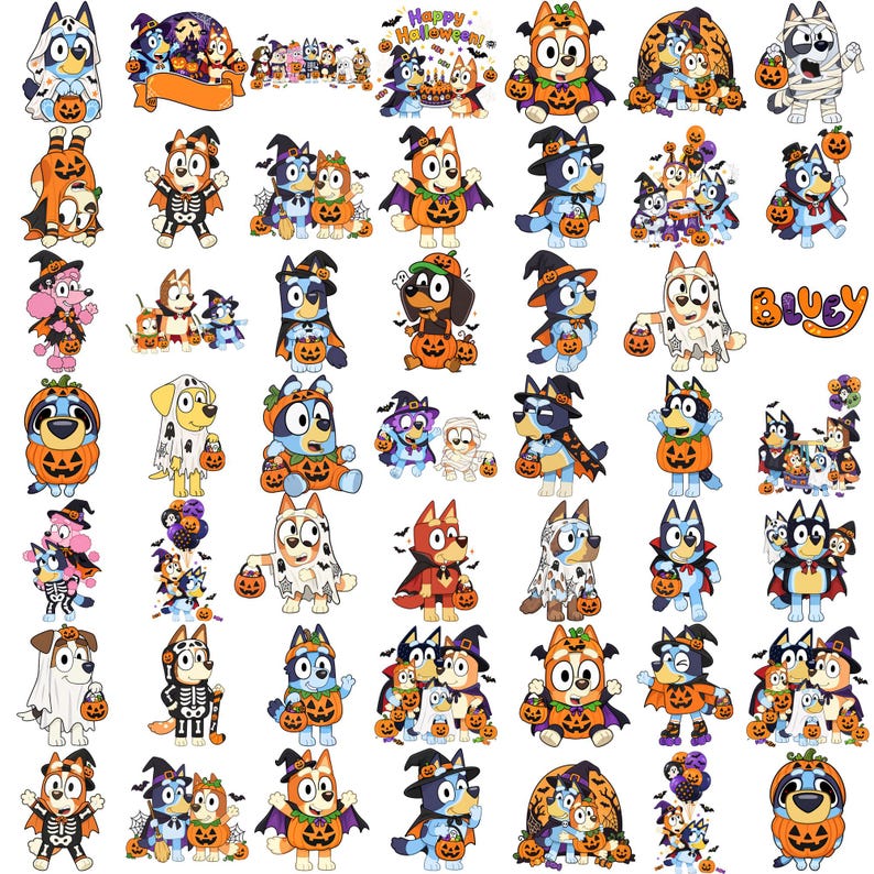 May include: A collection of Bluey character stickers featuring various Halloween themes, including characters dressed in costumes like ghosts, skeletons, vampires, and witches, holding jack-o'-lantern candy buckets, with the text Happy Halloween and Bluey.