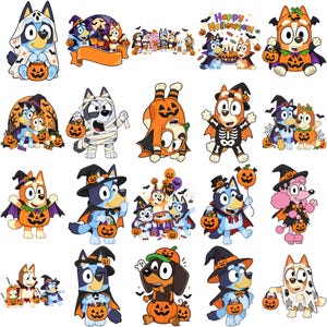 May include: A collection of twenty individual stickers featuring Bluey and Bingo characters dressed in various Halloween costumes, including ghosts, mummies, skeletons, and witches, holding pumpkin candy buckets with bats and candy motifs.