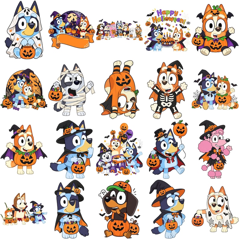 May include: A collection of twenty individual stickers featuring Bluey and Bingo characters dressed in various Halloween costumes, including ghosts, mummies, skeletons, and witches, holding pumpkin candy buckets with bats and candy motifs.