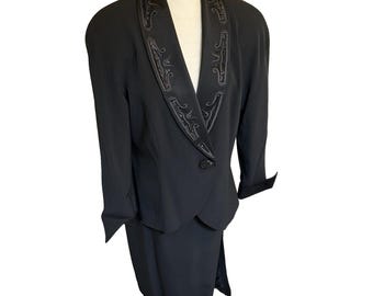 Vtg 80's DAYMOR Couture Black Beaded Evening Midi Skirt Suit~14~Fitted 40's VAMP